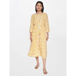 Global Desi Yellow Floral Layered A-Line Midi Dress-picture-42