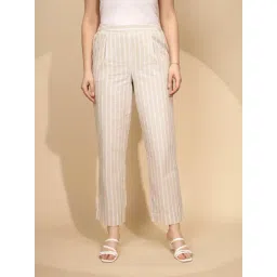 Global Republic Beige & White Linen Striped Regular Fit Mid Rise Trousers-picture-35