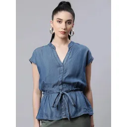 Global Republic Mandarin Collar Extended Sleeves Organic Cotton Denim Cinched Waist Top-picture-20