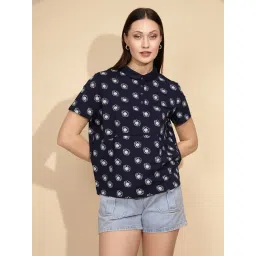 Global Republic Navy & White Floral Print Polo T-Shirt-picture-30