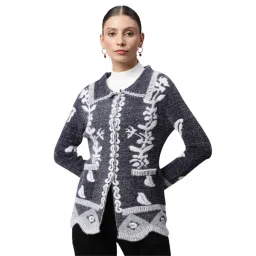 Global Republic Navy & White Wool Printed Furry Cardigan-picture-12