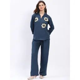 Global Republic Women Navy Blue Cotton Blend Sequinned Co-Ord Set-picture-35