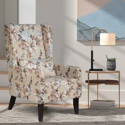 GLOBALLY INDIAN Beige & Brown Printed Wingback Wooden Arm Lounge Chair-picture-40