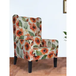 GLOBALLY INDIAN Beige & Orange Wingback Wooden Arm Lounge Chair-picture-24