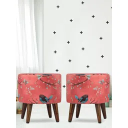 GLOBALLY INDIAN Set of 2 Peach-Colored Printed Wooden & Velvet Round Puff Ottomans-image-40