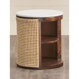 GLOBALLY INDIAN White & Brown Wooden Round BedsideTable With Drawer-picture-35