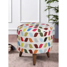 GLOBALLY INDIAN White Printed Wooden & Velvet Round Puff Ottoman-image-32