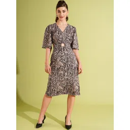Globus Animal Printed Flared Sleeve Cut-Out Detail A-Line Dress image 1