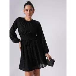 Globus Black Self Full Sleeves Fit & Flare Dress-picture-36