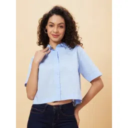 Globus Blue Cotton Regular Fit Cropped Shirt-picture-28