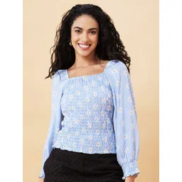 Globus Blue Floral Printed Smocked Puff Sleeve Top-picture-36