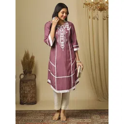 Globus Embroidered Round Neck Bell Sleeves lace detail Apple Cut Hem A-Line Fusion Kurta-picture-20