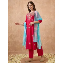 Globus Floral Embroidered Straight Kurta With Pants & Tie-Dye Dupatta Workwear Set-picture-33