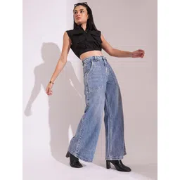 globus GlobusWomen Light Blue Cotton High Rise Whiskers Effect Wide Leg Jeans-picture-27