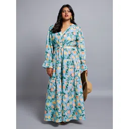 Globus Gloplus Floral V-Neck Bishop Sleeves Cut-Out Tiered Fit & Flare Plus Size Dress-picture-13