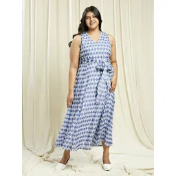Globus Gloplus V-Neck Abstract Print Waist Tie-Up Plus Size Fit & Flare Midi Dress-picture-15