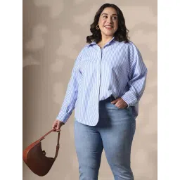 Globus Gloplus Women Blue Collared Neck Striped Curved Hemline Oversize Workwear Plus Size Shirt-picture-36