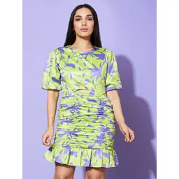 Globus Green & Purple Floral Printed Gathered Satin Sheath Dress-picture-42