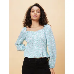 Globus Green Floral Printed Sweetheart Gathered Detailed Regular Top-picture-24