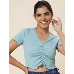 Globus Green V-Neck Ruched Crop Top-picture-16
