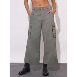 Globus Grey Cotton Flared Fit Mid Rise Cargo Pants-image-1