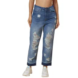 Globus Light Blue Cotton Distressed Boyfriend Fit Mid Rise Jeans-picture-15
