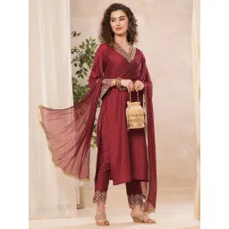 Globus Maroon Embroidered Kurta With Pants & Dupatta-picture-35