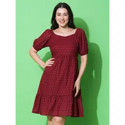 Globus Maroon Polka Dot Puff Sleeve Cotton Ruffled A-Line Schiffli Dress-picture-38