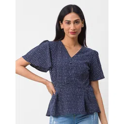 Globus Navy Blue Checked Cinched Waist Top-picture-19