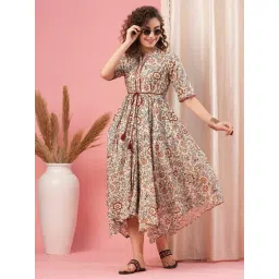 Globus Off White & Brown Cotton Printed High-low Dress-picture-22