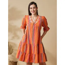 Globus Orange Cotton Embroidered A Line Dress-picture-39