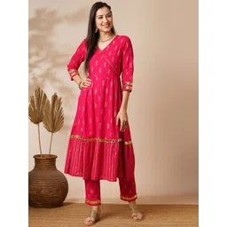 Globus Pink V-Neck Floral Printed Gotta Lace Angrakha Anarkali Kurta With Pants-picture-41