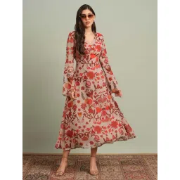 Globus Women Beige & Red V-Neck Bell Sleeves Floral Print Georgette Midi A-Line Dress-picture-29