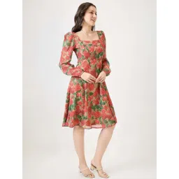 Globus Women Beige Georgette Floral Printed Square Neck Bishop Sleeves Fit & Flare Midi Dress-picture-13