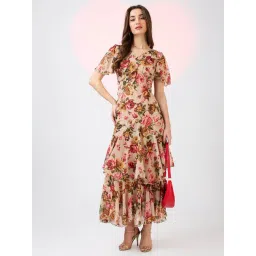 Globus Women Beige V-Neck Flared Sleeves Floral Print Layered Fit & Flare Maxi Party Dress-picture-35
