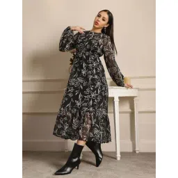 Globus Women Black Allover Floral Printed Bishop Sleeve Gathered & Tiered Fit & Flare Midi Dress-picture-42