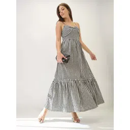 Globus Women Black & White Checkered Sweetheart Neck Bow Detail Tiered Fit & Flare Maxi Dress-picture-47
