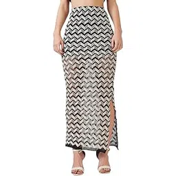 globus Women Black & White Chevron Pattern Crochet Mid Rise Side Slit Pencil Maxi Skirt-picture-13