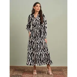Globus Women Black & White Collared Neck Cuffed Sleeves Abstract Print Maxi Shirt Dress With Belt-picture-27
