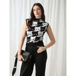 Globus Women Black Animal Self Design High Neck Extended Sleeves Acrylic Sweater Vest-picture-35