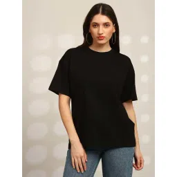 Globus Women Black Back Graphic Print Round Neck Drop Shoulder Sleeves Oversized T-Shirt-picture-48