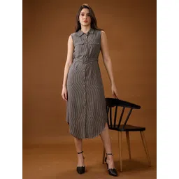 Globus Women Black Collared Neck Checkered Curved Hem Midi Shirt Style Dress With Belt-picture-11