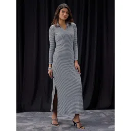 Globus Women Black Collared Neck Long Sleeves Striped Ribbed Side Slits Maxi Bodycon Dress-picture-11