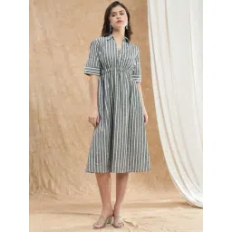 Globus Women Black Collared V-Neck Short Sleeved Striped Midi Fit & Flare Workwear Dress-picture-44