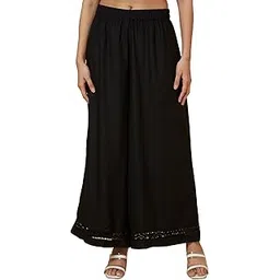 globus Women Black Floral Lace Hem Design Flared Ethnic Palazzos-picture-12