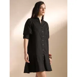 Globus Women Black Mandarin Collar Puff Sleeves Flared Hem Shirt Style Mini Dress-picture-20