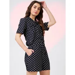 Globus Women Black Polka Dots Notched Lapel Waist Tie-Ups Front Pockets Utility Playsuit-picture-38