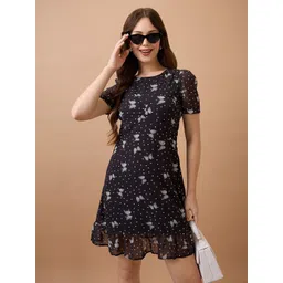 Globus Women Black Polka Dots Round Neck Short Puff Sleeves Fit & Flare Mini Dress-picture-45