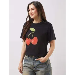 Globus Women Black Round Neck Short Sleeves Cherry Print Oversized T-Shirt-picture-44
