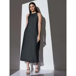 Globus Women Black Round Neck Sleeveless Solid Side Slit Midi A-Line Denim Dress-picture-13